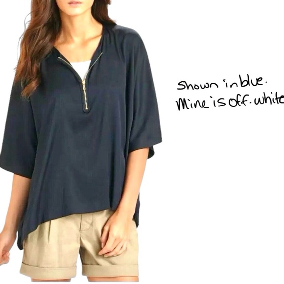 VINCE OFF WHITE/IVORY SILK PONCHO 1/4 ZIP SHORT SLEEVE BLOUSE - Picture 4 of 15